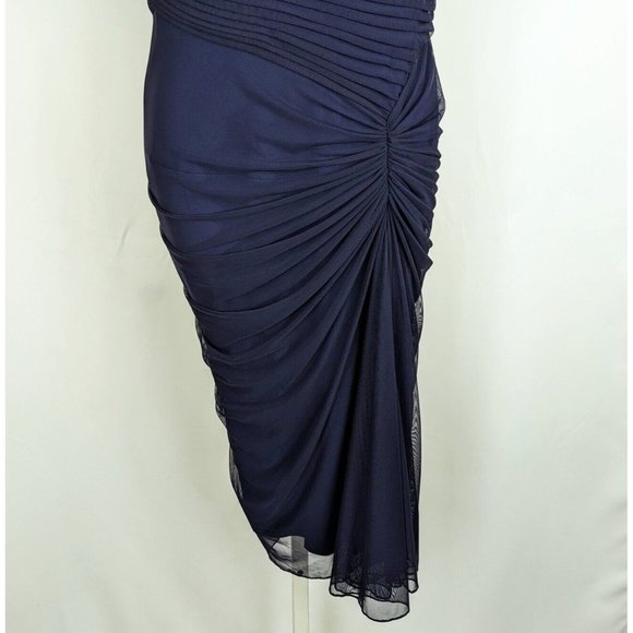 Tadashi Shoji Dress Navy Blue Asymmetric Ruched Midi Nylon Blend Misses Size M - Picture 3 of 7